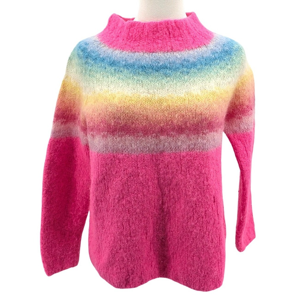 Rose Carmine Alpaca Wool Sweater Rainbow Striped Fuzzy Pink Luxury Knit Size 2